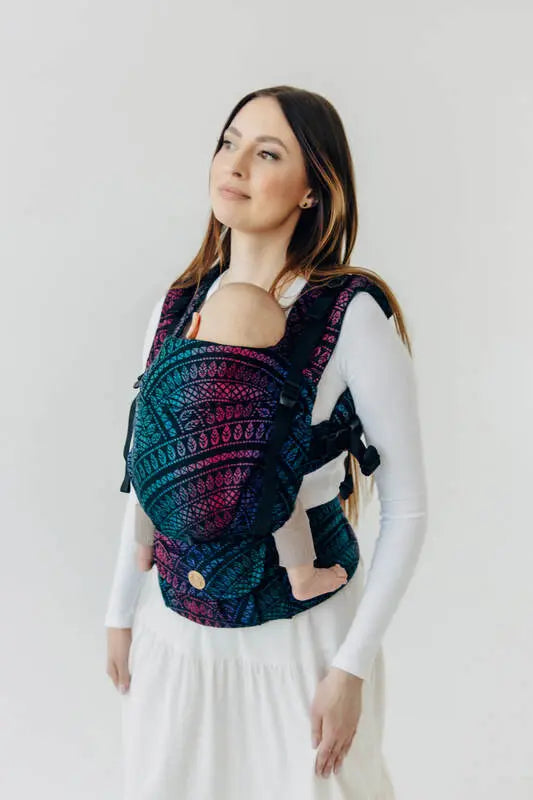 LennyUpGrade PRO Carrier, jacquard weave (60% cotton, 28% merino wool, 8% silk, 4% cashmere) - PEACOCK'S TAIL - BLACK OPAL - Woven Baby Standard   lenny_upgrade_pro    #