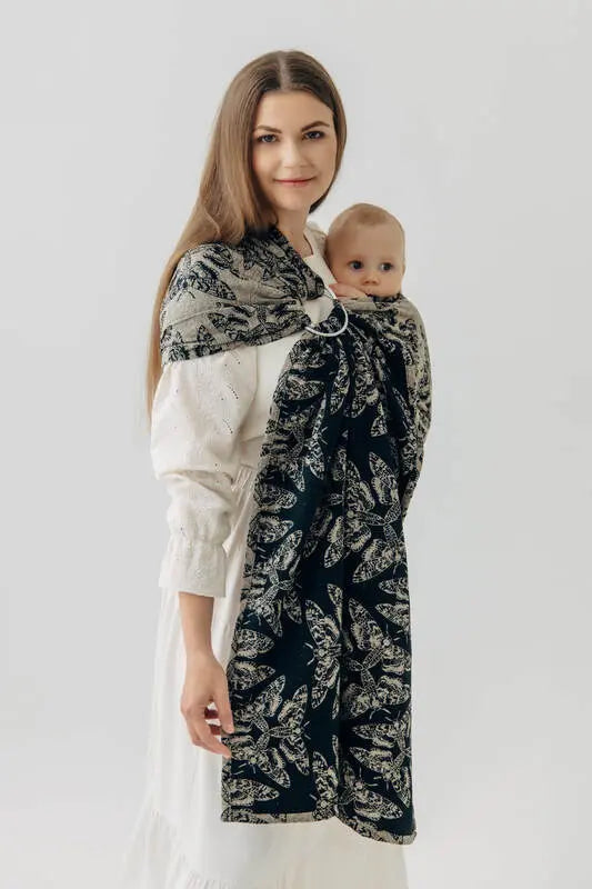 Ring Sling, Jacquard Weave, with gathered shoulder (65% cotton 35% silk) - QUEEN OF THE NIGHT - PAMINA - standard 1.8m - Woven Baby    ring_slings    #