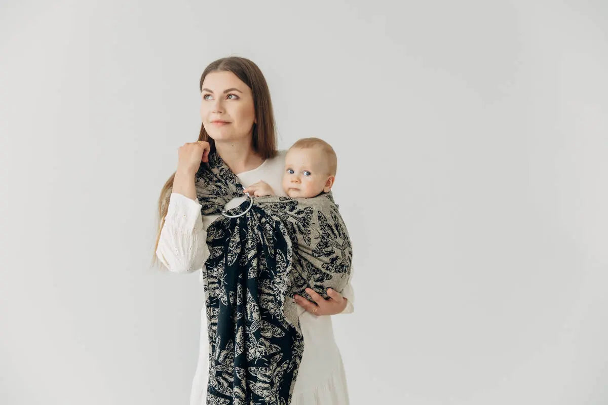 Ring Sling, Jacquard Weave, with gathered shoulder (65% cotton 35% silk) - QUEEN OF THE NIGHT - PAMINA - standard 1.8m - Woven Baby    ring_slings    #