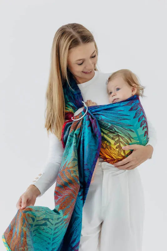 Ring Sling, Jacquard Weave (100% cotton), with gathered shoulder - RAINFOREST - CARNIVAL - standard 1.8m