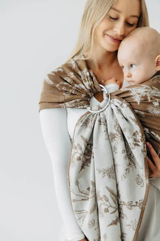 Ring Sling, Jacquard Weave (100% cotton), with gathered shoulder - HERBARIUM - RAINDROPS - standard 1.8m