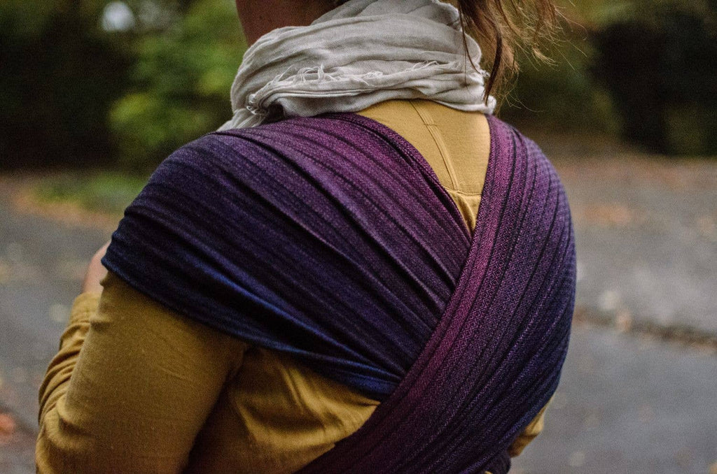 Girasol WrapMySol Twilight back view wrap straps — deep navy purple diamond weave half buckle Mei Tai Meh Dai
