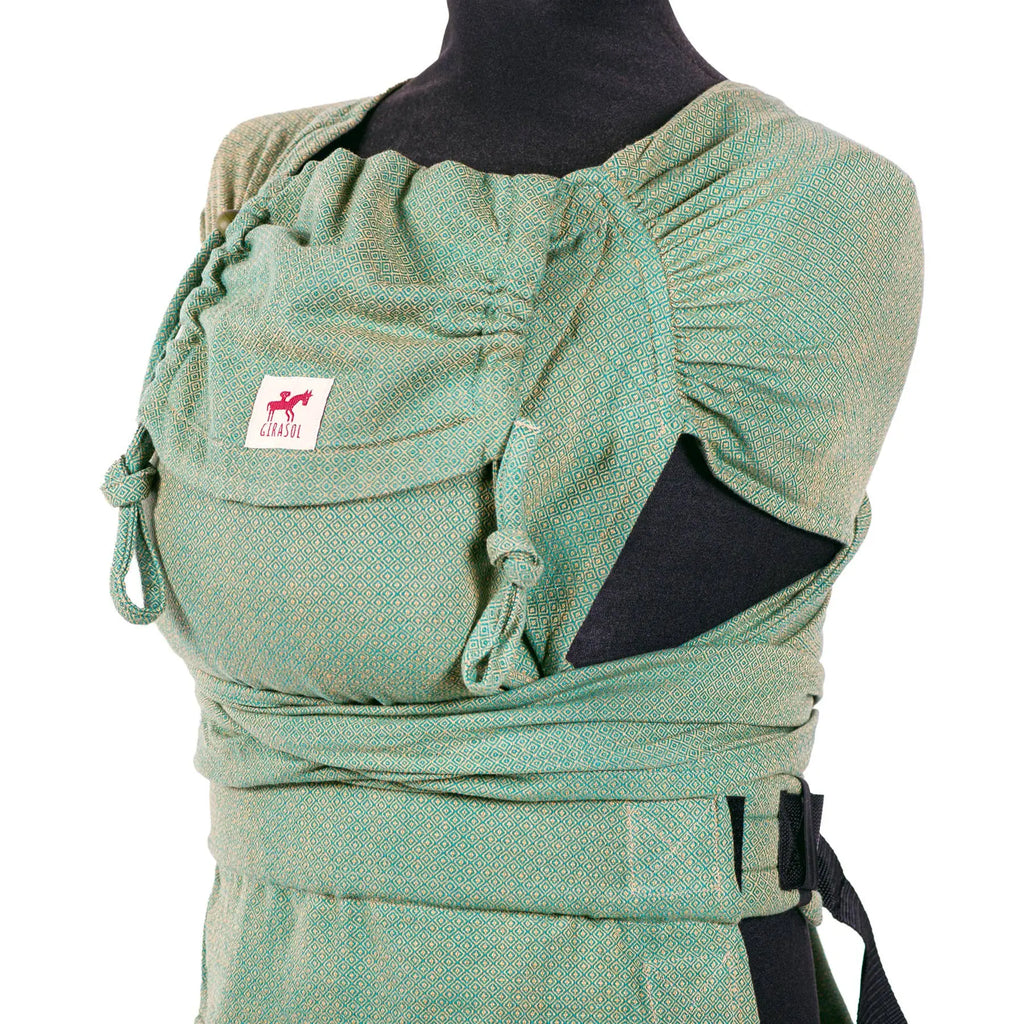 Girasol WrapMySol Lizard front and buckle waist view on mannequin — earthy green diamond weave half buckle Mei Tai Meh Dai