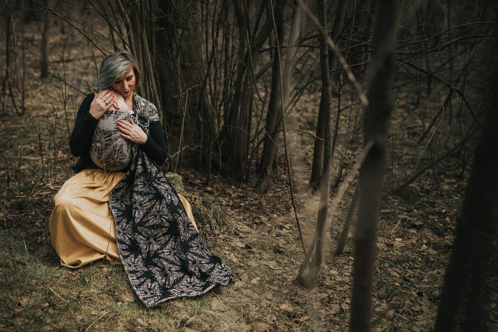 Ring Sling, Jacquard Weave, with gathered shoulder (65% cotton 35% silk) - QUEEN OF THE NIGHT - PAMINA - standard 1.8m - Woven Baby    ring_slings    #