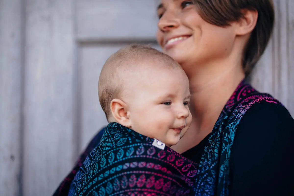 Baby Wrap, Jacquard Weave (60% cotton, 28% merino wool, 8% silk, 4% cashmere) - PEACOCK'S TAIL - BLACK OPAL - Woven Baby XS - 4   long_woven_wraps    #