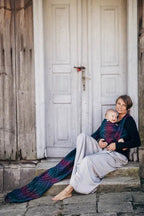 Baby Wrap, Jacquard Weave (60% cotton, 28% merino wool, 8% silk, 4% cashmere) - PEACOCK'S TAIL - BLACK OPAL - Woven Baby XS - 4   long_woven_wraps    #