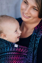 Baby Wrap, Jacquard Weave (60% cotton, 28% merino wool, 8% silk, 4% cashmere) - PEACOCK'S TAIL - BLACK OPAL - Woven Baby XS - 4   long_woven_wraps    #