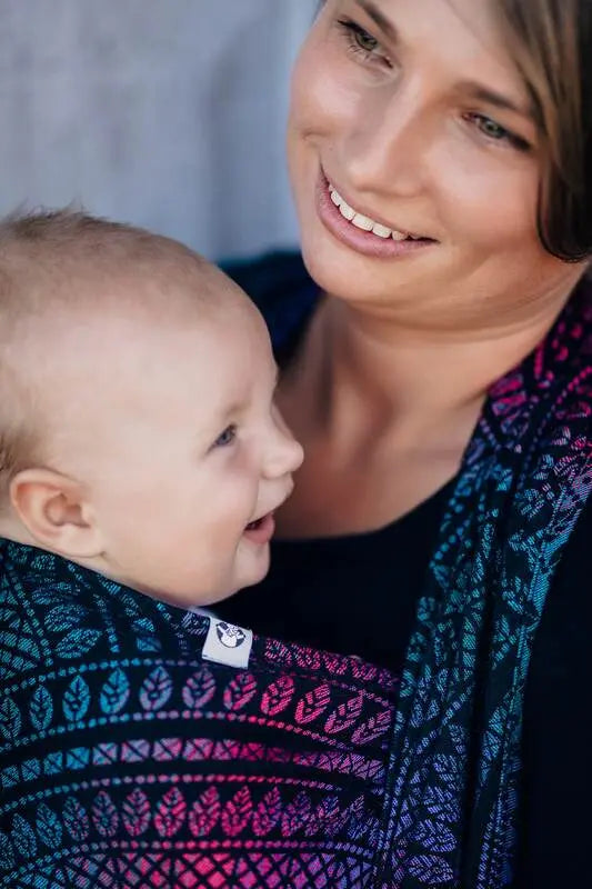 Baby Wrap, Jacquard Weave (60% cotton, 28% merino wool, 8% silk, 4% cashmere) - PEACOCK'S TAIL - BLACK OPAL - Woven Baby Size - L-Size - M-Size - S-Size - XL-Size - XS   long_woven_wraps    #