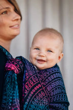 Baby Wrap, Jacquard Weave (60% cotton, 28% merino wool, 8% silk, 4% cashmere) - PEACOCK'S TAIL - BLACK OPAL - Woven Baby XS - 4   long_woven_wraps    #