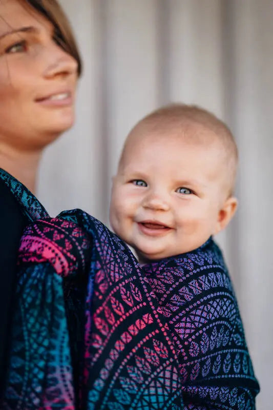 Baby Wrap, Jacquard Weave (60% cotton, 28% merino wool, 8% silk, 4% cashmere) - PEACOCK'S TAIL - BLACK OPAL - Woven Baby XS - 4   long_woven_wraps    #