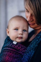 Baby Wrap, Jacquard Weave (60% cotton, 28% merino wool, 8% silk, 4% cashmere) - PEACOCK'S TAIL - BLACK OPAL - Woven Baby XS - 4   long_woven_wraps    #