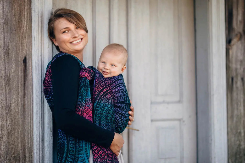 Baby Wrap, Jacquard Weave (60% cotton, 28% merino wool, 8% silk, 4% cashmere) - PEACOCK'S TAIL - BLACK OPAL - Woven Baby XS - 4   long_woven_wraps    #