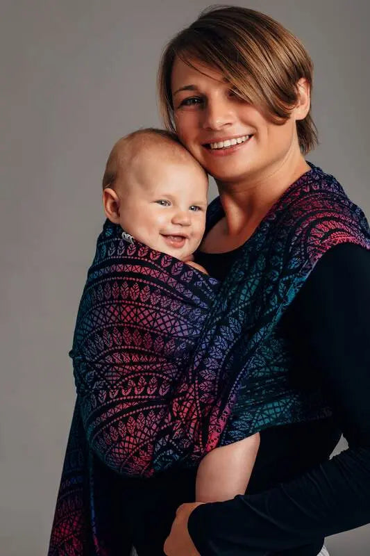 Baby Wrap, Jacquard Weave (60% cotton, 28% merino wool, 8% silk, 4% cashmere) - PEACOCK'S TAIL - BLACK OPAL - Woven Baby XS - 4   long_woven_wraps    #