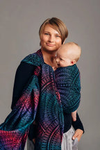 Baby Wrap, Jacquard Weave (60% cotton, 28% merino wool, 8% silk, 4% cashmere) - PEACOCK'S TAIL - BLACK OPAL - Woven Baby XS - 4   long_woven_wraps    #