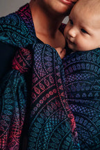 Baby Wrap, Jacquard Weave (60% cotton, 28% merino wool, 8% silk, 4% cashmere) - PEACOCK'S TAIL - BLACK OPAL - Woven Baby XS - 4   long_woven_wraps    #