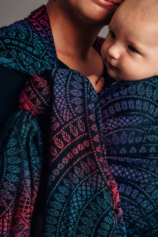 Baby Wrap, Jacquard Weave (60% cotton, 28% merino wool, 8% silk, 4% cashmere) - PEACOCK'S TAIL - BLACK OPAL - Woven Baby XS - 4   long_woven_wraps    #