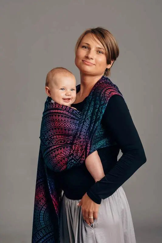 Baby Wrap, Jacquard Weave (60% cotton, 28% merino wool, 8% silk, 4% cashmere) - PEACOCK'S TAIL - BLACK OPAL - Woven Baby XS - 4   long_woven_wraps    #