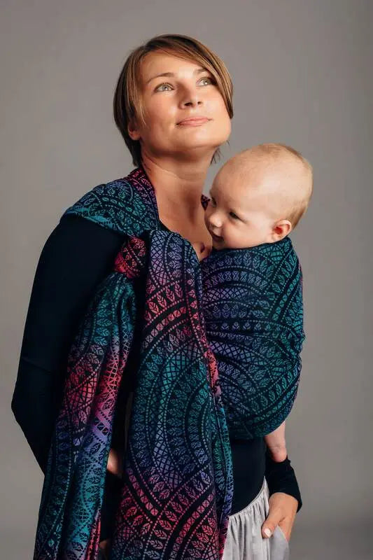 Baby Wrap, Jacquard Weave (60% cotton, 28% merino wool, 8% silk, 4% cashmere) - PEACOCK'S TAIL - BLACK OPAL - Woven Baby XS - 4   long_woven_wraps    #