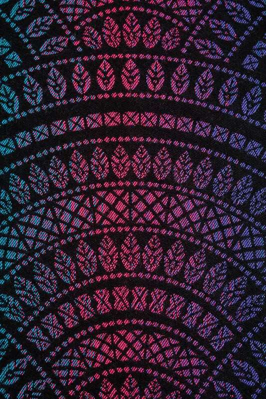 Baby Wrap, Jacquard Weave (60% cotton, 28% merino wool, 8% silk, 4% cashmere) - PEACOCK'S TAIL - BLACK OPAL - Woven Baby XS - 4   long_woven_wraps    #
