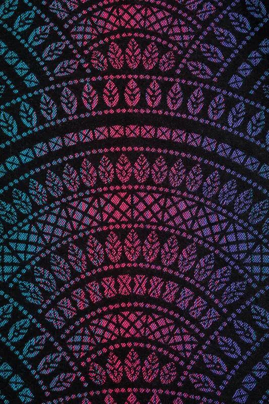 Baby Wrap, Jacquard Weave (60% cotton, 28% merino wool, 8% silk, 4% cashmere) - PEACOCK'S TAIL - BLACK OPAL - Woven Baby XS - 4   long_woven_wraps    #