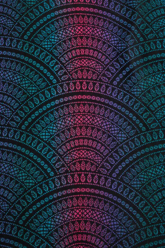 Ring Sling, Jacquard Weave (60% cotton, 28% merino wool, 8% silk, 4% cashmere), with gathered shoulder - PEACOCK'S TAIL - BLACK OPAL - standard 1.8m - Woven Baby    ring_slings    #