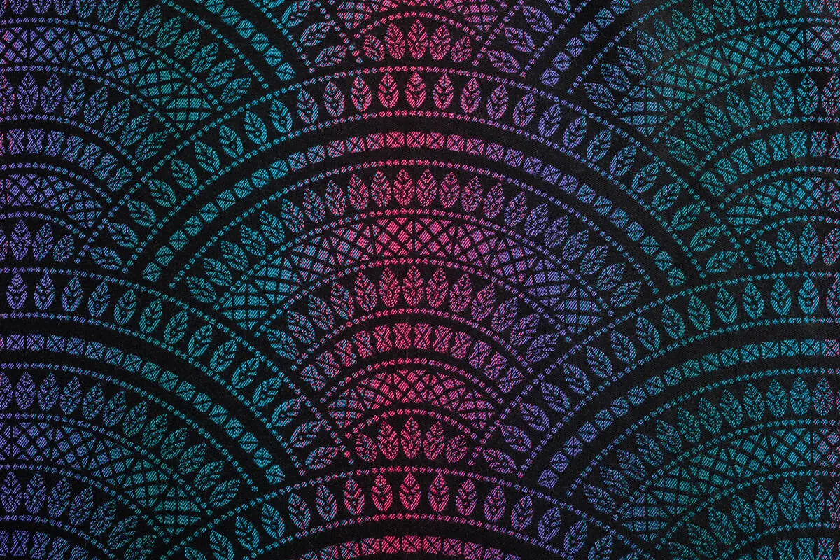 Baby Wrap, Jacquard Weave (60% cotton, 28% merino wool, 8% silk, 4% cashmere) - PEACOCK'S TAIL - BLACK OPAL - Woven Baby XS - 4   long_woven_wraps    #
