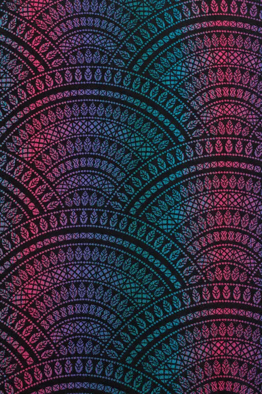 Baby Wrap, Jacquard Weave (60% cotton, 28% merino wool, 8% silk, 4% cashmere) - PEACOCK'S TAIL - BLACK OPAL - Woven Baby XS - 4   long_woven_wraps    #