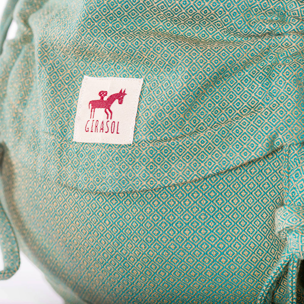 Girasol WrapMySol Lizard close up hood and panel view — earthy green diamond weave half buckle Mei Tai Meh Dai