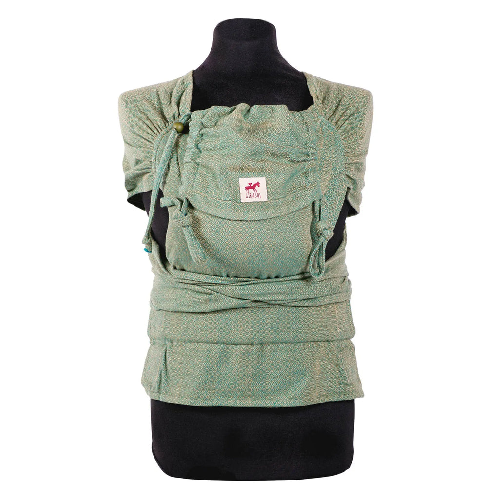 Girasol WrapMySol Lizard front view on mannequin — sage green handwoven cotton half buckle carrier Mei Tai Meh Dai newborn to toddler
