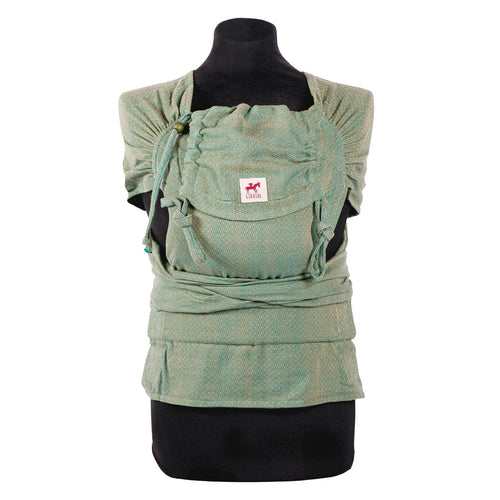 Girasol WrapMySol Lizard front view on mannequin — sage green handwoven cotton half buckle carrier Mei Tai Meh Dai newborn to toddler
