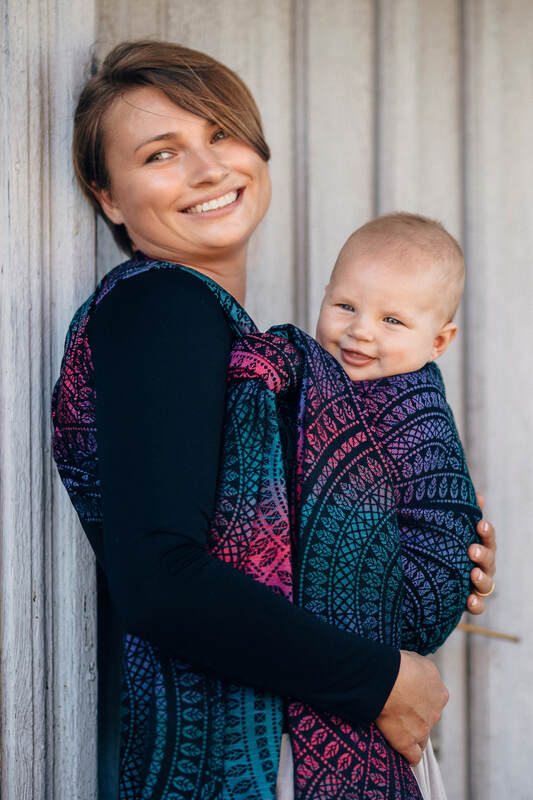 Baby Wrap, Jacquard Weave (60% cotton, 28% merino wool, 8% silk, 4% cashmere) - PEACOCK'S TAIL - BLACK OPAL