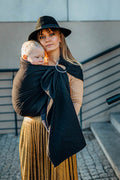 Ring Sling, Jacquard Weave (59% cotton, 41% merino wool), with gathered shoulder - PEACOCK'S TAIL - PITCH BLACK - standard 1.8m