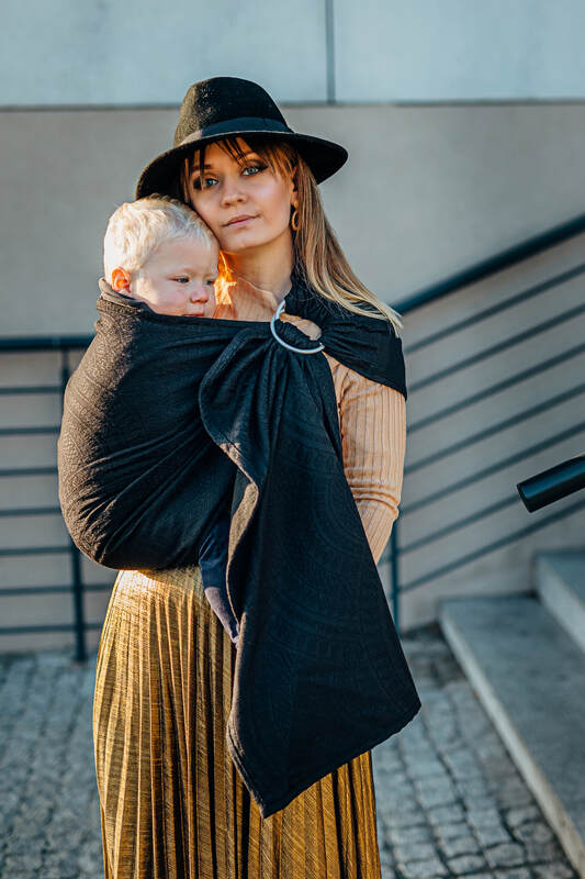 Ring Sling, Jacquard Weave (59% cotton, 41% merino wool), with gathered shoulder - PEACOCK'S TAIL - PITCH BLACK - standard 1.8m