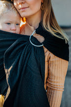 Ring Sling, Jacquard Weave (59% cotton, 41% merino wool), with gathered shoulder - PEACOCK'S TAIL - PITCH BLACK - standard 1.8m - Woven Baby    ring_slings    #