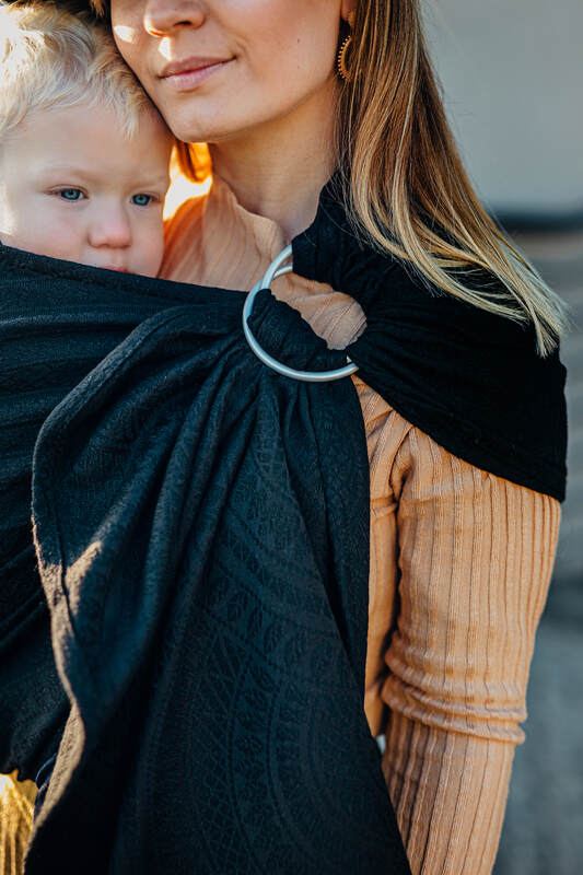 Ring Sling, Jacquard Weave (59% cotton, 41% merino wool), with gathered shoulder - PEACOCK'S TAIL - PITCH BLACK - standard 1.8m - Woven Baby Title - Default Title   ring_slings    #