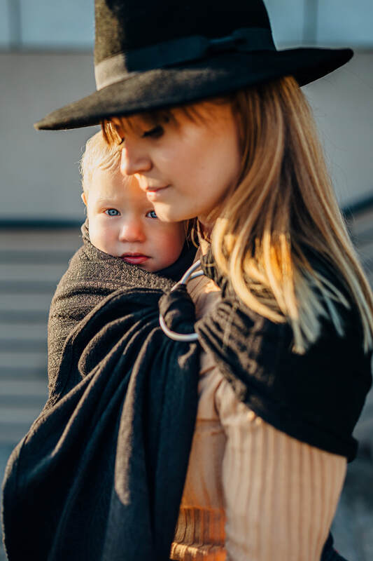 Ring Sling, Jacquard Weave (59% cotton, 41% merino wool), with gathered shoulder - PEACOCK'S TAIL - PITCH BLACK - standard 1.8m - Woven Baby Title - Default Title   ring_slings    #