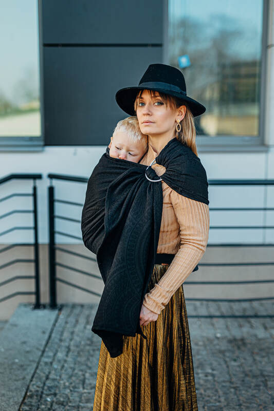Ring Sling, Jacquard Weave (59% cotton, 41% merino wool), with gathered shoulder - PEACOCK'S TAIL - PITCH BLACK - standard 1.8m - Woven Baby Title - Default Title   ring_slings    #