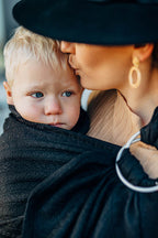 Ring Sling, Jacquard Weave (59% cotton, 41% merino wool), with gathered shoulder - PEACOCK'S TAIL - PITCH BLACK - standard 1.8m - Woven Baby    ring_slings    #