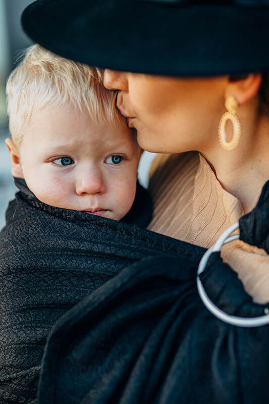 Ring Sling, Jacquard Weave (59% cotton, 41% merino wool), with gathered shoulder - PEACOCK'S TAIL - PITCH BLACK - standard 1.8m - Woven Baby Title - Default Title   ring_slings    #