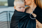 Ring Sling, Jacquard Weave (59% cotton, 41% merino wool), with gathered shoulder - PEACOCK'S TAIL - PITCH BLACK - standard 1.8m - Woven Baby    ring_slings    #