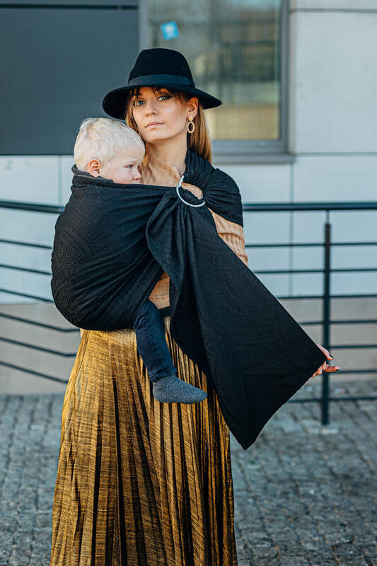 Ring Sling, Jacquard Weave (59% cotton, 41% merino wool), with gathered shoulder - PEACOCK'S TAIL - PITCH BLACK - standard 1.8m - Woven Baby    ring_slings    #