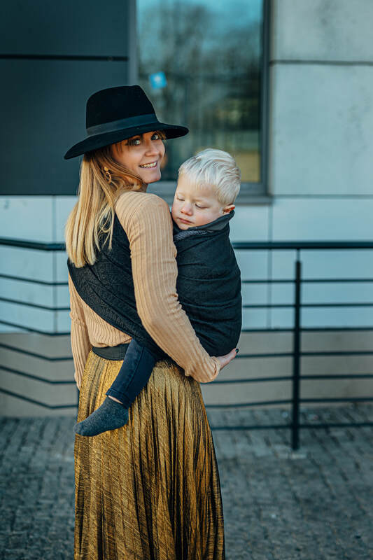 Ring Sling, Jacquard Weave (59% cotton, 41% merino wool), with gathered shoulder - PEACOCK'S TAIL - PITCH BLACK - standard 1.8m - Woven Baby    ring_slings    #