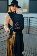 Baby Wrap, Jacquard Weave (59% cotton, 41% merino wool) - PEACOCK'S TAIL - PITCH BLACK - Woven Baby XS - 4   long_woven_wraps    #