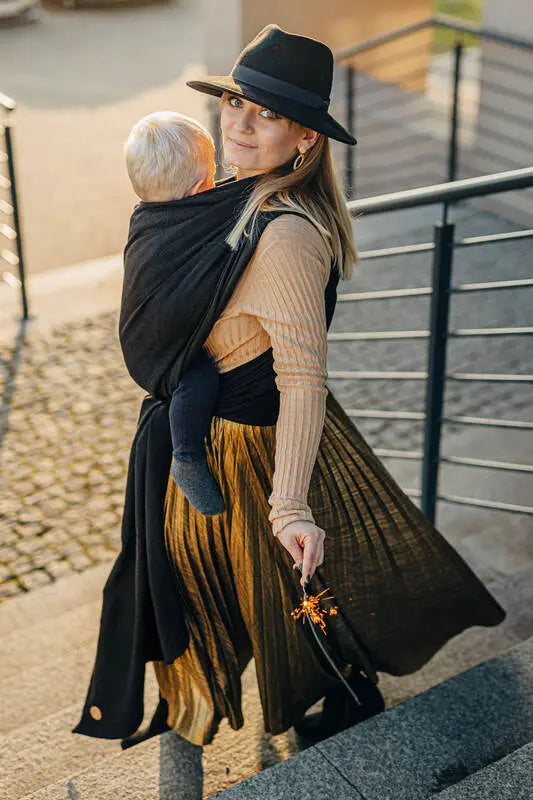 Baby Wrap, Jacquard Weave (59% cotton, 41% merino wool) - PEACOCK'S TAIL - PITCH BLACK - Woven Baby Size - L-Size - M-Size - S-Size - XL-Size - XS   long_woven_wraps    #