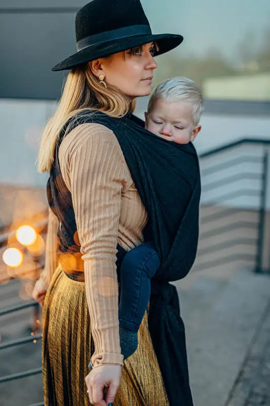 Baby Wrap, Jacquard Weave (59% cotton, 41% merino wool) - PEACOCK'S TAIL - PITCH BLACK - Woven Baby Size - L-Size - M-Size - S-Size - XL-Size - XS   long_woven_wraps    #