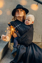 Baby Wrap, Jacquard Weave (59% cotton, 41% merino wool) - PEACOCK'S TAIL - PITCH BLACK - Woven Baby XS - 4   long_woven_wraps    #