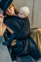 Baby Wrap, Jacquard Weave (59% cotton, 41% merino wool) - PEACOCK'S TAIL - PITCH BLACK - Woven Baby XS - 4   long_woven_wraps    #