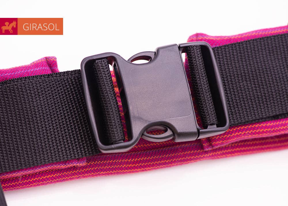 Girasol WrapMySol Buckle Hip Belt Paradise product flat lay — pink rainbow handwoven Guatemala fair-trade