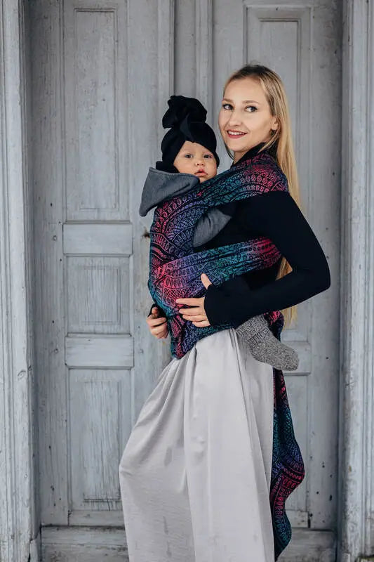 LennyHybrid Half Buckle Carrier, jacquard weave (60% cotton, 28% merino wool, 8% silk, 4% cashmere) - PEACOCK'S TAIL - BLACK OPAL - Woven Baby Size - Standard   lenny_hybrid    #