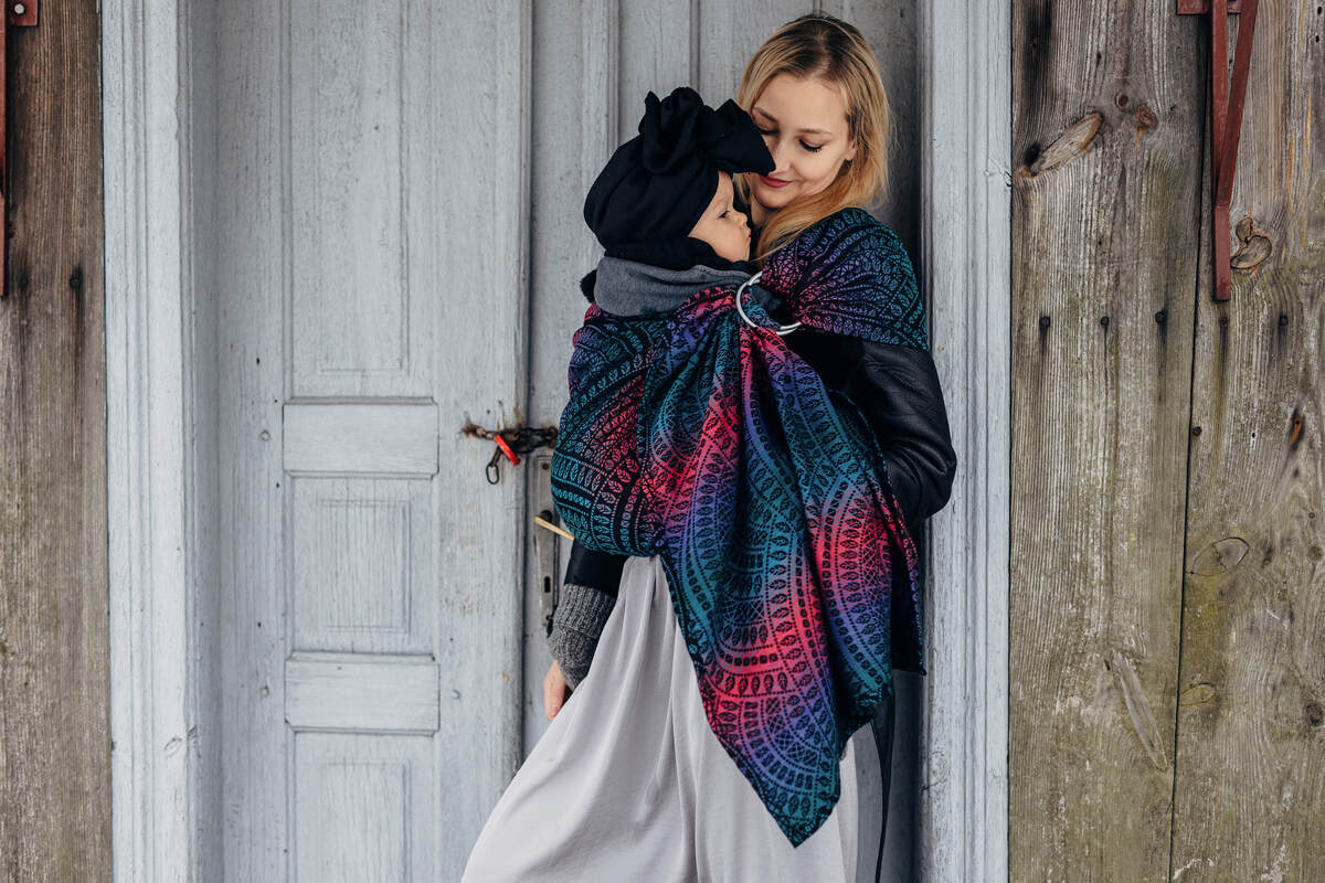 Ring Sling, Jacquard Weave (60% cotton, 28% merino wool, 8% silk, 4% cashmere), with gathered shoulder - PEACOCK'S TAIL - BLACK OPAL - standard 1.8m - Woven Baby Title - Default Title   ring_slings    #